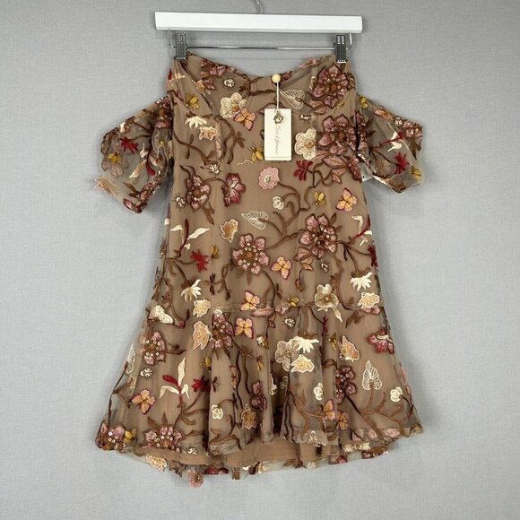 For Love & Lemons Womens Dress Small Brown Botanic Embroidered Lace Cocktail